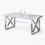 Table à manger LEVANTO plateau marbre blanc pieds argentée en acier inoxydable