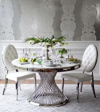 Table à manger ronde DELUXE plateau marbre blanc pieds argentés en acier inoxydable