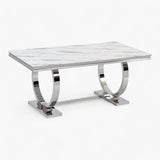 Table à Manger OMEGA en plateau marbre blanc pieds argentés en acier inoxydable