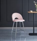 TABOURET DE BAR TEDDY PIED CHROME VELOURS ROSE
