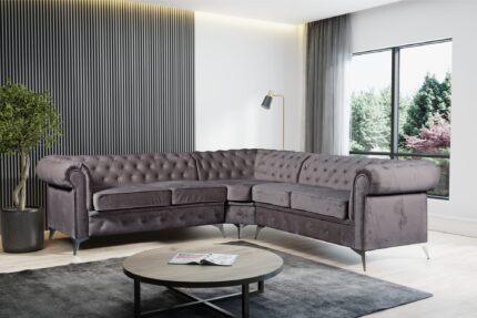 CANAPE D ANGLE CLOUTE TIFFANY VELOURS ANTHRACITE 263x263cm