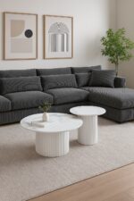 TABLE BASSE GIGOGNE MINA PIED BLANC PLATEAU CERAMIQUE MARBRE BLANC (BLB) 60x45cm + 80x38cm