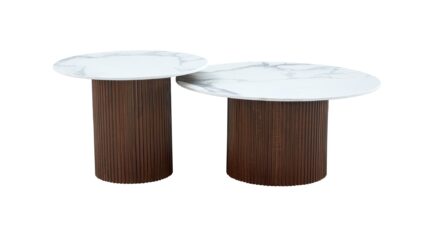 TABLE BASSE GIGOGNE MINA PIED BOIS NOYER PLATEAU CERAMIQUE MARBRE BLANC (BLB) 60x45cm + 80x38cm