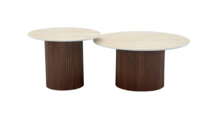 TABLE BASSE GIGOGNE MINA PIED BOIS NOYER PLATEAU CERAMIQUE TRAVERTIN MAT 60x45cm + 80x38cm
