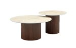 Table basse Mina pied noyer plateau ceramique travertin mat