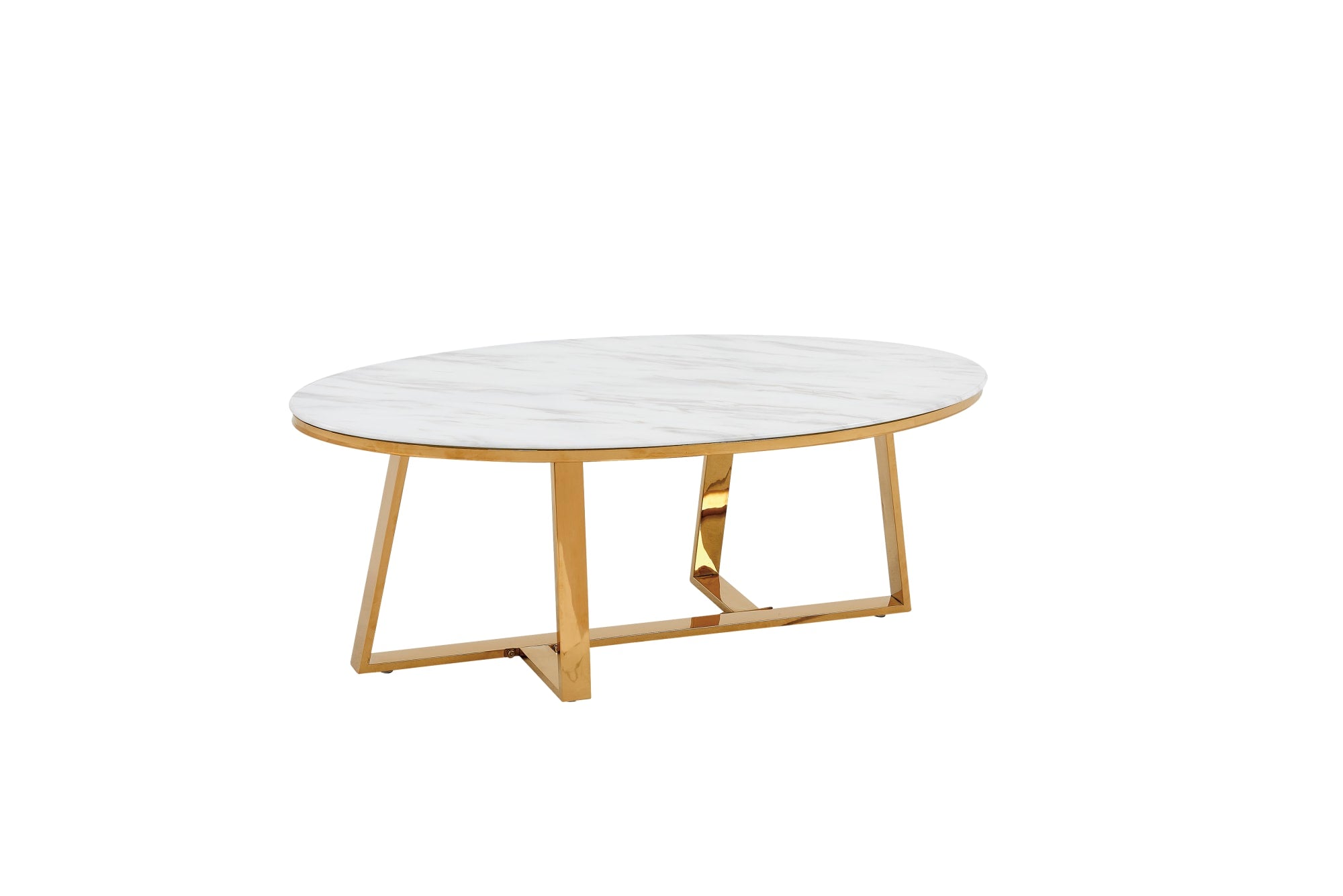 Meuble Table Basse Ovale Blanc Marbre Doré Pieds Métal Moderne