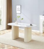TABLE A MANGER ROXY PIED BEIGE CERAMIQUE MARBRE BLANC 180x90cm