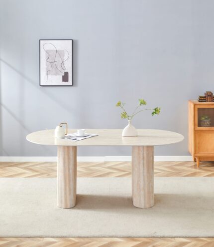 TABLE A MANGER ROXY PIED EFFET TRAVERTIN CERAMIQUE TRAVERTIN MAT 180x90cm