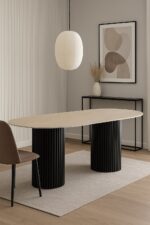 TABLE A MANGER KEYSHA METAL NOIR CERAMIQUE TRAVERTIN 180x90cm