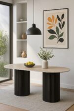 TABLE A MANGER KEYSHA METAL NOIR CERAMIQUE TRAVERTIN 180x90cm