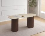 TABLE A MANGER NIKI PIED NOYER  PLATEAU CERAMIQUE TRAVERTIN MAT 180CM