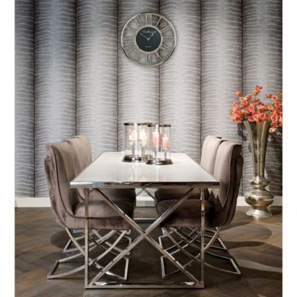 Table repas LEVANTO chrome plateau en verre trempé