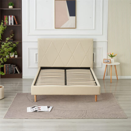 LIT DOUBLE SQUARE PIED BOIS SIMILICUIR BEIGE 140X190CM