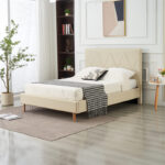 LIT DOUBLE SQUARE PIED BOIS SIMILICUIR BEIGE 140X190CM