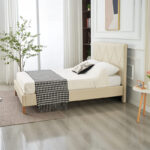 LIT DOUBLE SQUARE PIED BOIS SIMILICUIR BEIGE 140X190CM