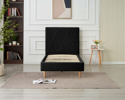 LIT SIMPLE SQUARE PIED BOIS SIMILICUIR NOIR 90X190CM