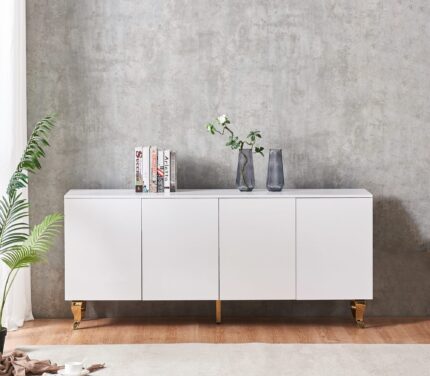 BUFFET BAROQUE LAQUE BLANC 4 PORTES 180X40X80 CM PIEDS GOLD