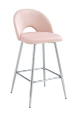 TABOURET DE BAR TEDDY PIED CHROME VELOURS ROSE