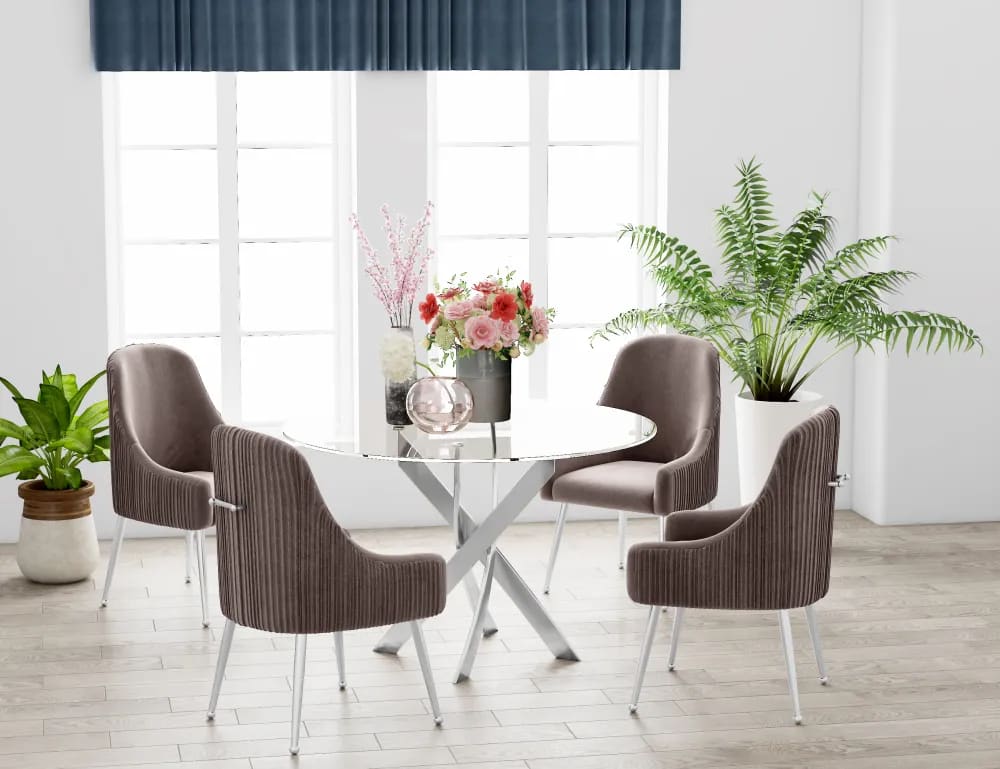 Détail des pieds chromés de la table JESSICA