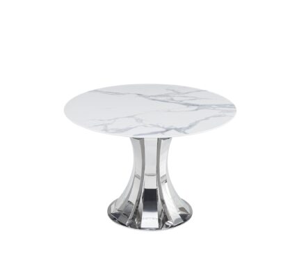 TABLE A MANGER RONDE JUDITH CHROME PLATEAU CERAMIQUE MARBRE BLANC 120cm