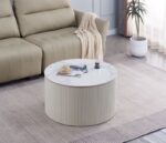 TABLE BASSE VALMY PIEDS BEIGE PLATEAU CERAMIQUE MARBRE BLANC 90X45