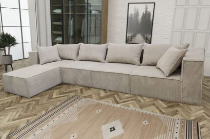 CANAPE MODULO 4+1 ANGLE GAUCHE COTELE ECRU