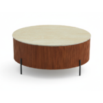 TABLE BASSE RUBY PIED EFFET NOISETTE CERAMIQUE EFFET TRAVERTIN MAT 90cm