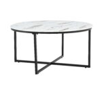 Table Basse Ronde LORIE Verre Trempé Marbré Blanc Métal Noir D90x45 cm