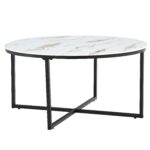 Table Basse Ronde LORIE Verre Trempé Marbré Blanc Métal Noir D90x45 cm