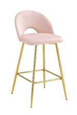 Lot 2 Tabourets de Bar Teddy Velours Rose Pieds Gold 47x36x98cm