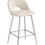 Lot 2 Tabourets de Bar Teddy Velours Beige Pieds Chrome 47x36x98cm