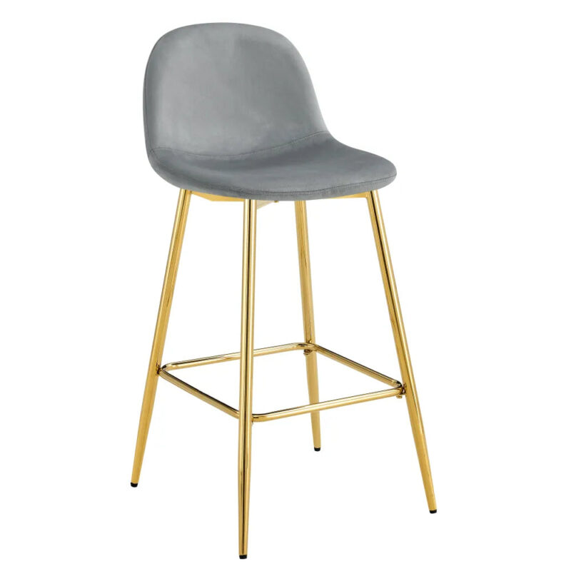 Lot 2 Tabourets de Bar Scandinave Velours Gris Pieds Gold 47,5x43x100cm