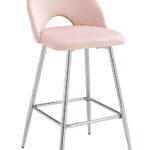 Lot 2 Tabourets de Bar Teddy Velours Rose Pieds Chrome 47x36x98cm