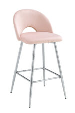 Lot 2 Tabourets de Bar Teddy Velours Rose Pieds Chrome 47x36x98cm