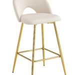 Lot 2 Tabourets de Bar Teddy Velours Beige Pieds Gold 47x36x98cm