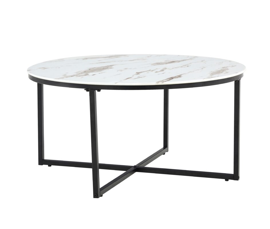 Table Basse Ronde LORIE Verre Trempé Marbré Blanc Métal Noir D90x45 cm
