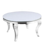Table Basse Baroque Ronde Verre Trempé Blanc Structure Chrome D80x45 cm