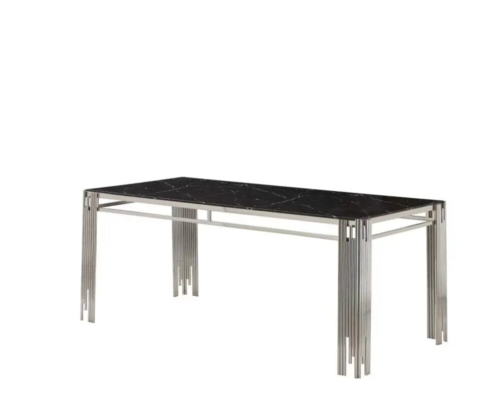 Table à Manger Flute Verre Marbré Noir Métal Chrome 180x90 cm