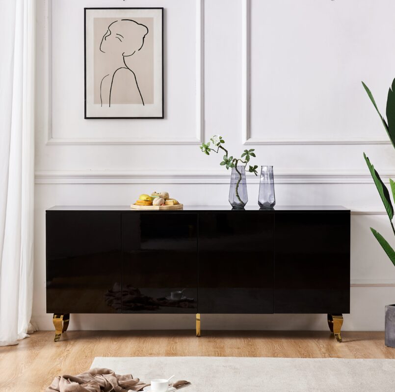 Buffet Baroque Laqué Noir 4 Portes 180x40x80 cm