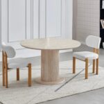 Table Ronde Travertin Chaises Bouclées Pieds Bois Inaya