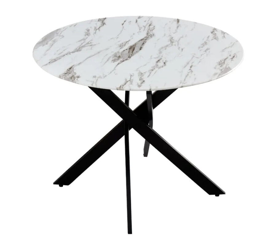 Table à Manger Ronde Jessica Marbre Blanc Pieds Métal Noir 100 cm
