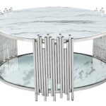 Table Basse Ronde Stick Verre Marbre Blanc Pieds Chrome D90 H45 cm