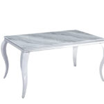 Table à Manger Baroque Verre Effet Marbré Greige Pieds Chrome 150x90 cm