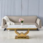 Table Basse Trofy Rectangle Verre Trempé Marbré Blanc Pied Central Métal Doré 120x70x45 cm