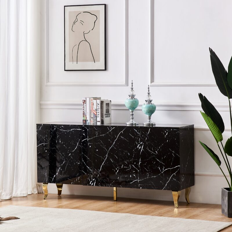 Buffet Baroque Laqué Effet Marbre 3 Portes 160x40x80 cm