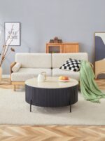 Table Basse Ruby Ronde Céramique Effet Travertin Noir Pied Métal Noir D80xH45 cm