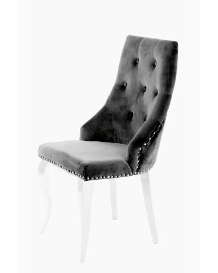 Lot de 4 Chaises LION Capitonnées et Cloutées Chrome Velours - Anthracite