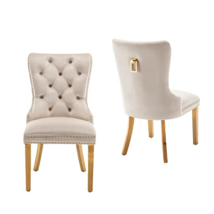 Lot 2 Chaises Salle à Manger Poignée Rectangulaire Cloutées Velours Beige Pieds Gold 54x51x102cm