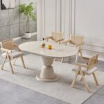 Ensemble Table Ronde Extensible Chaises Pietra Travertin Cannage Vert