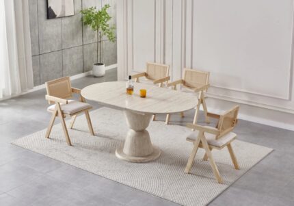 Ensemble Table Ronde Extensible Chaises Pietra Travertin Cannage Vert